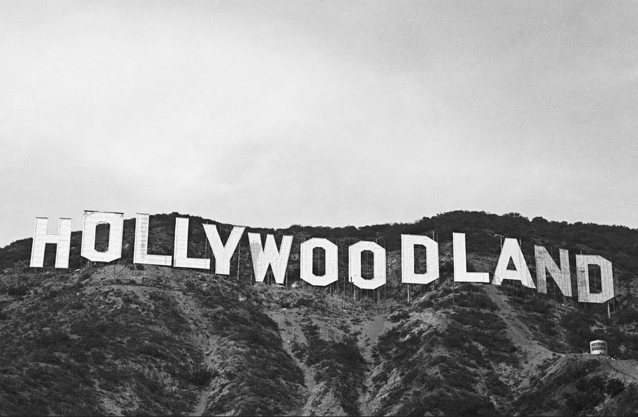 Hollywoodland sign black and white photo