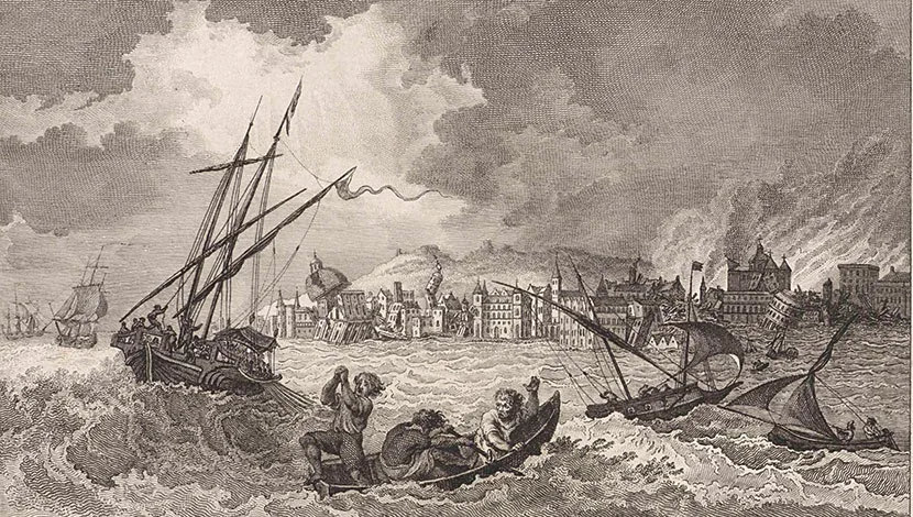 Historical drawing of the quake and boats on the sea.