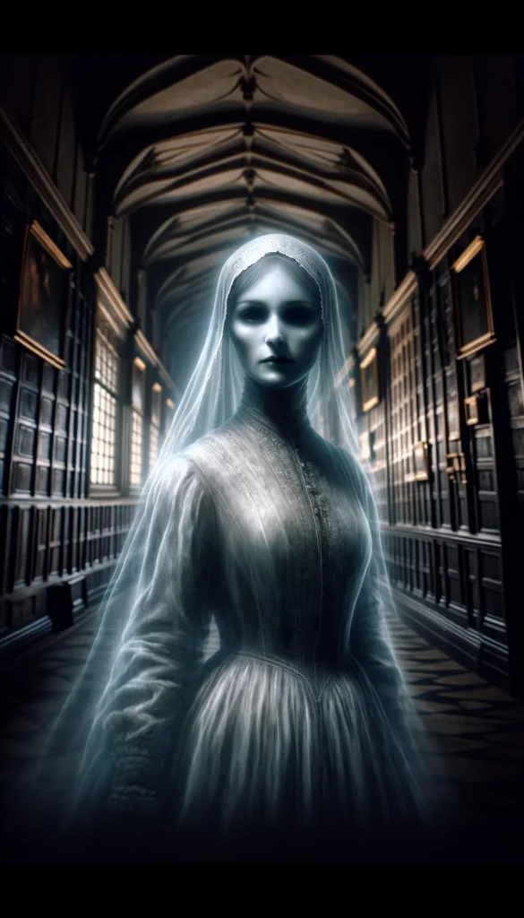 AI generated image of a ghostly woman in a castle hall 